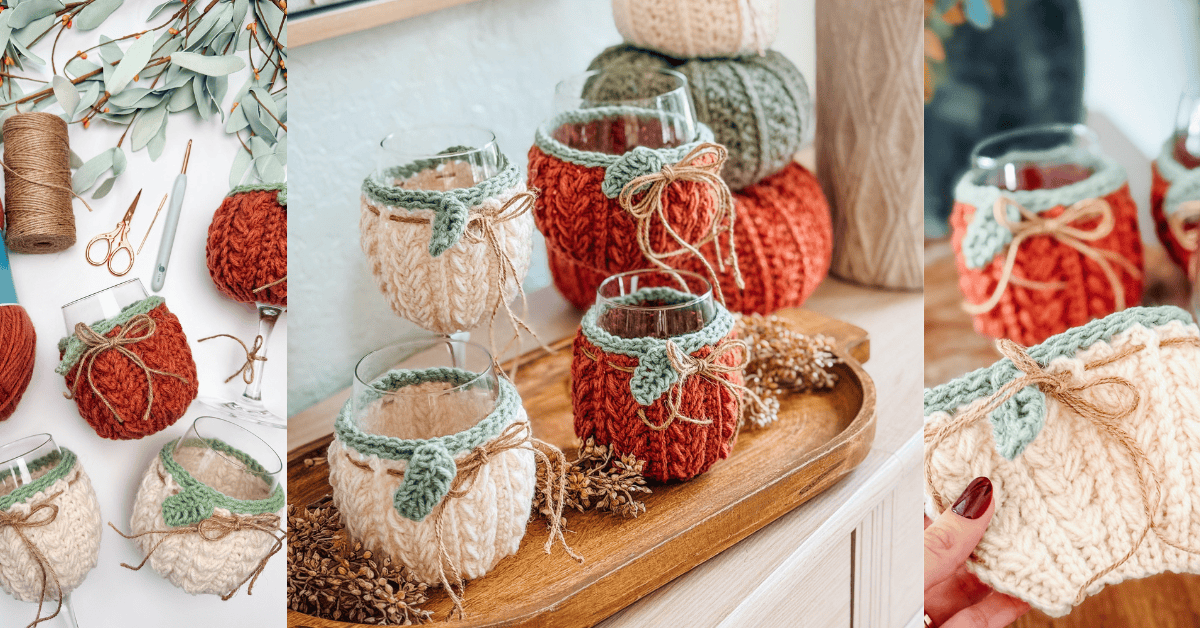 Three images show glass jars covered with knitted pumpkin cozies in orange and cream colors, decorated with green leaves and twine bows, arranged on a tray and held by a hand.
