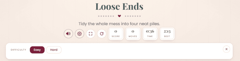 Game screen for “Loose Ends,” the relaxing crochet game, showing instructions to tidy a mess into four piles, current stats, and difficulty set to Easy.