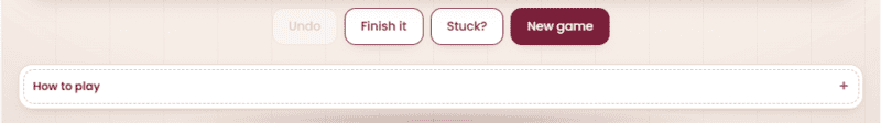 Game interface with “Undo” (disabled), “Finish it,” “Stuck?”, and “New game” buttons above a text box labeled “How to play” with a plus icon on the right—perfect for guiding you through every step of the crochet game.
