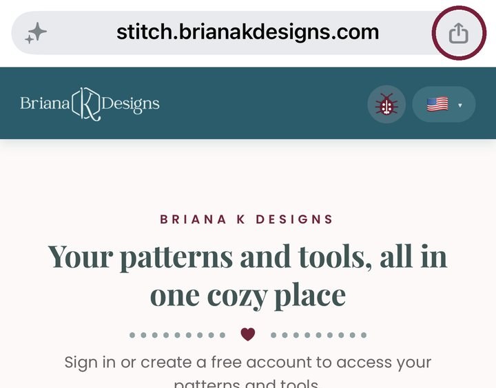 Website homepage for Briana K Designs showing the tagline “Your patterns and tools, all in one cozy place”—whether you’re searching for a new crochet game or browsing favorites—with sign-in prompt and navigation icons at the top.