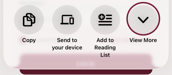 Four circular icons labeled Copy, Send to your device, Add to Reading List, and View More appear on a digital interface with a white and maroon background, reminiscent of the inviting textures you’d find in a crochet game.