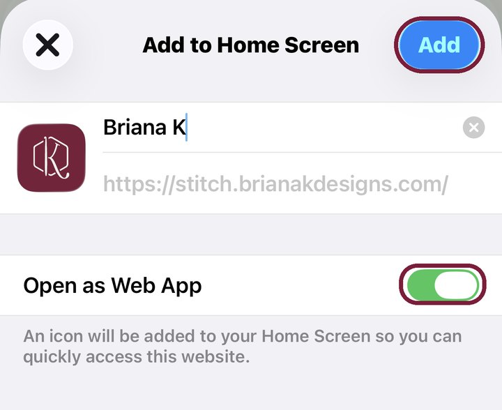 A screen showing the “Add to Home Screen” dialog for a web app with “Briana K” as the name, the web app toggle switched on, and a subtle reference to a crochet game in the app’s icon.