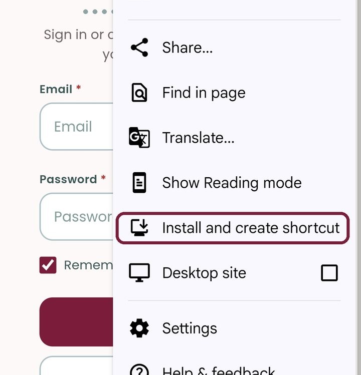 A mobile web browser menu is open, highlighting the “Install and create shortcut” option above a login form with email and password fields, while a crochet game loads in the background.