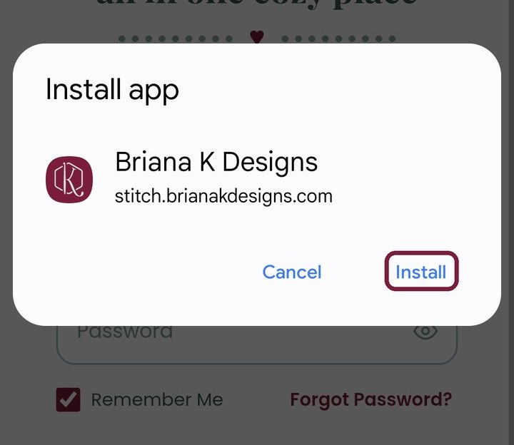 A popup prompt asks to install the Briana K Designs app from stitch.brianakdesigns.com, offering options to cancel or install, so you can explore exciting features like a crochet game.