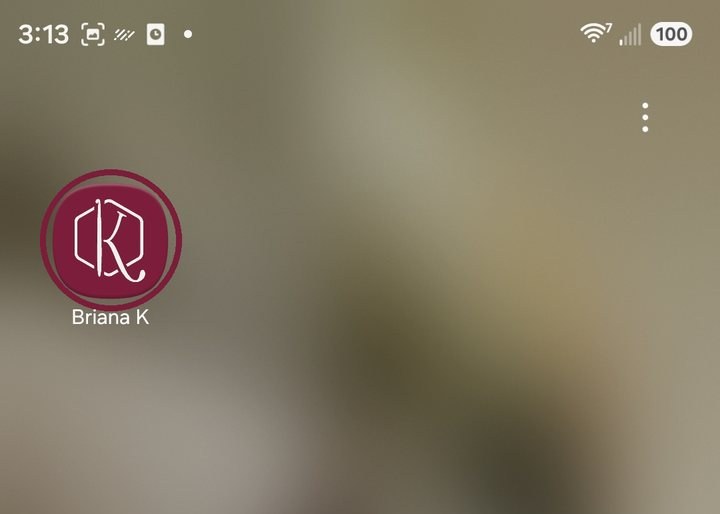 Smartphone home screen showing an app icon labeled “Briana K,” featuring a maroon circular logo and a blurred background. The status bar displays the time as 3:13 and battery at 100%. Among other icons, the playful presence of a crochet game subtly adds charm to the interface.