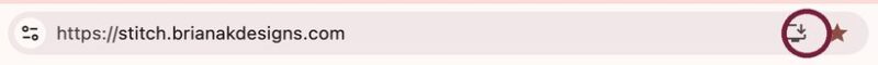 A web address bar shows “https://stitch.brianakdesigns.com” with a brown circular icon containing a download symbol and a star to the right, hinting at features for downloading patterns or favoriting your favorite crochet game.