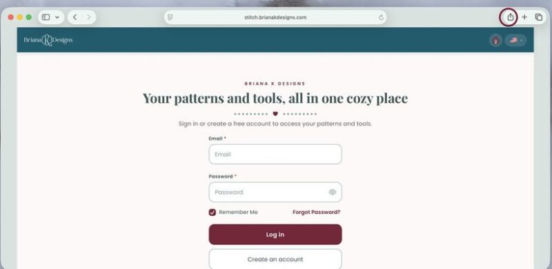 A website login page with fields for email and password, a “Remember Me” checkbox, and “Log in” and “Create an account” buttons—perfect for joining or starting your next crochet game online.