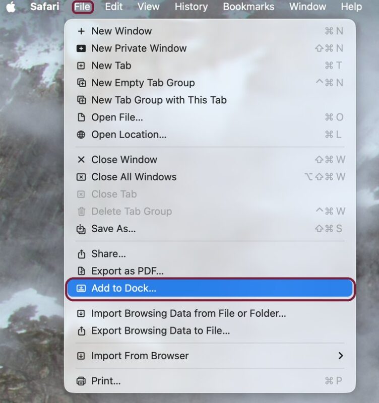 Safari browser “File” menu open with the “Add to Dock...” option highlighted in blue and outlined in red. Other options, such as the recently played crochet game website, are visible above and below.