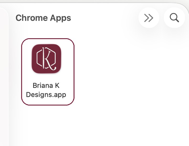 Screenshot of the Chrome Apps page showing one app icon labeled “Briana K Designs.app” with a burgundy logo containing the letters B and K, hinting at creative pursuits—perhaps even a crochet game—to inspire makers and designers alike.