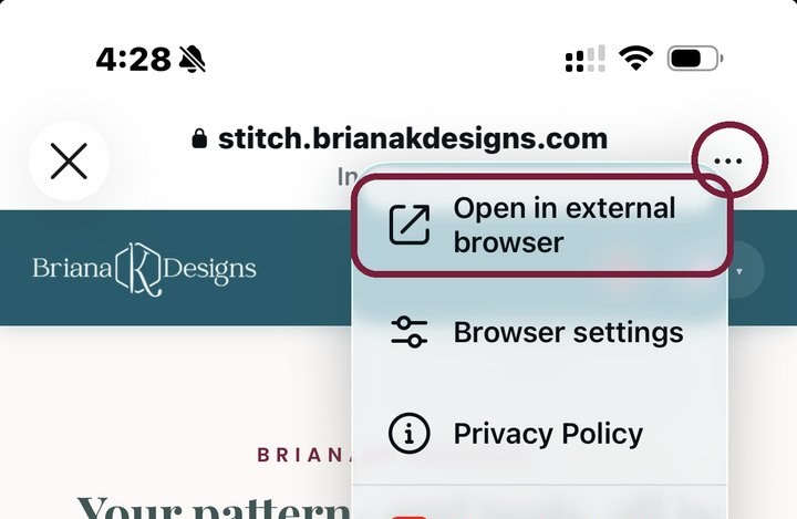 A phone screen displays a website menu with options: Open in external browser, Browser settings, and Privacy Policy. The time shown is 4:28, and a notification for a crochet game appears at the top of the display.