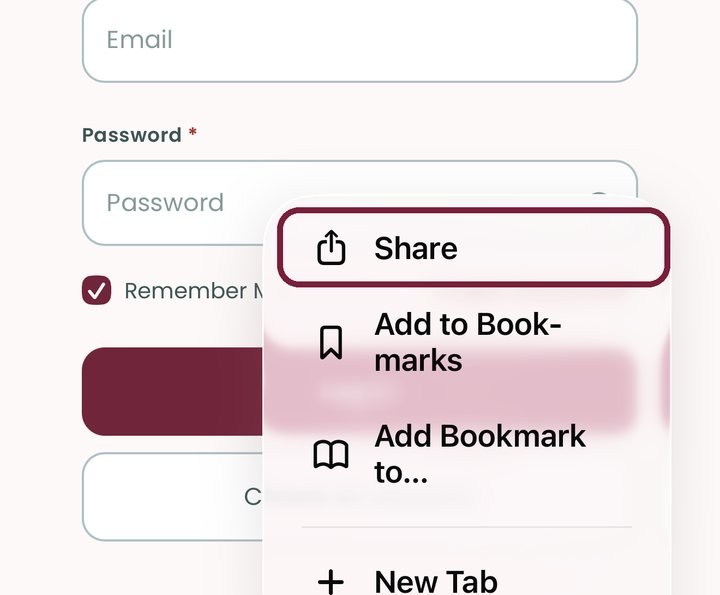 A mobile menu shows options: Share, Add to Bookmarks, and Add Bookmark to…, overlaying a login screen with fields for email and password—perfect for users logging in to their favorite crochet game.