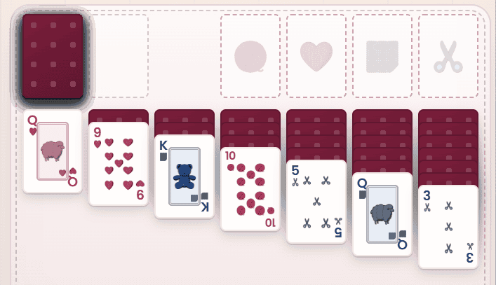 A digital card game inspired by a crochet game shows eight columns of animal-themed playing cards arranged in descending order and alternating colors.