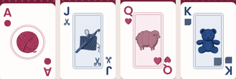 Four playing cards: Ace with yarn ball, Jack with crocheting tools, Queen with pink sheep, King with blue teddy bear—perfect for any crochet game enthusiast.