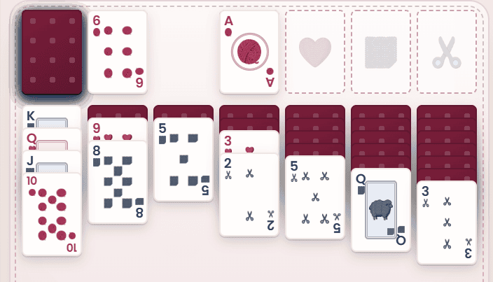 A digital crochet game of solitaire in progress shows several card stacks, with some cards face up and others face down. The ace of hearts is placed in the top row foundation area.