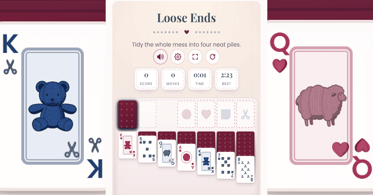 A digital card game screen shows a solitaire layout with yarn-themed cards, a blue teddy bear king, and a pink sheep queen. The crochet game is called “Loose Ends” and the timer shows 22:31.