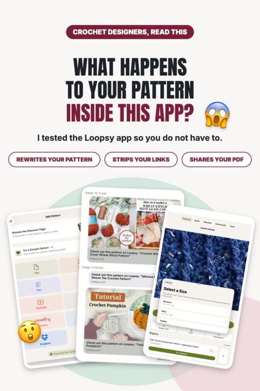 Collage of Loopsy app screenshots asking what happens to your pattern inside this app, with shocked face emoji.
