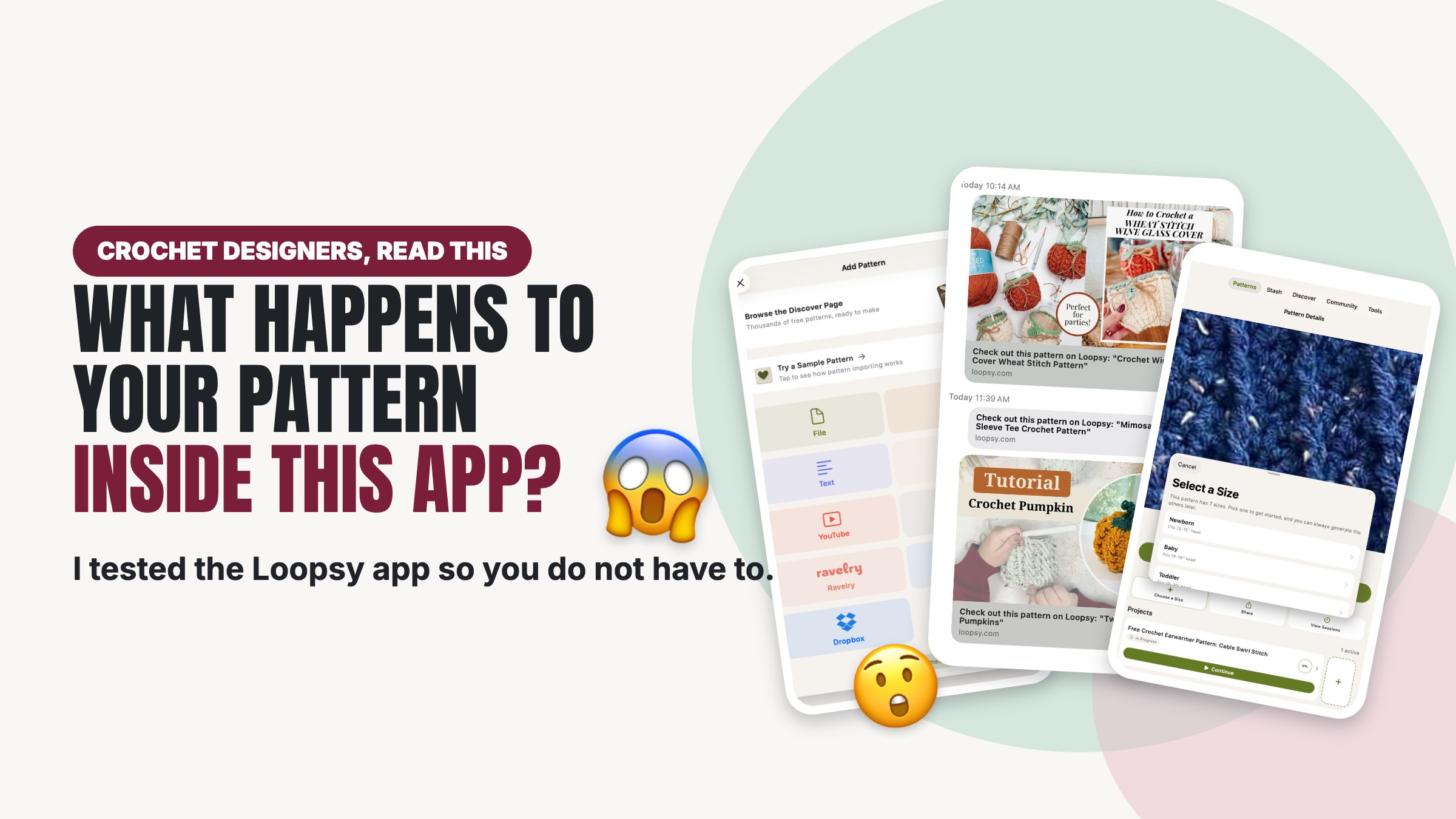 Collage of Loopsy app screenshots asking what happens to your pattern inside this app, with shocked face emoji.