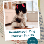 A Pomeranian wearing a grey houndstooth sweater with red flower hair clips, with text reading “Houndstooth Dog Sweater Size XS” and “Free Pattern.”.