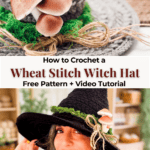 A person wearing a handmade black crochet witch hat pattern decorated with faux mushrooms and moss, with text reading “How to Crochet a Wheat Stitch Witch Hat.”