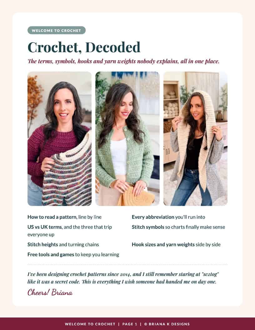 Three women pose with crochet garments; text explains crochet terms, symbols, and tools, and introduces Briana, a crochet pattern designer, along with key topic highlights.