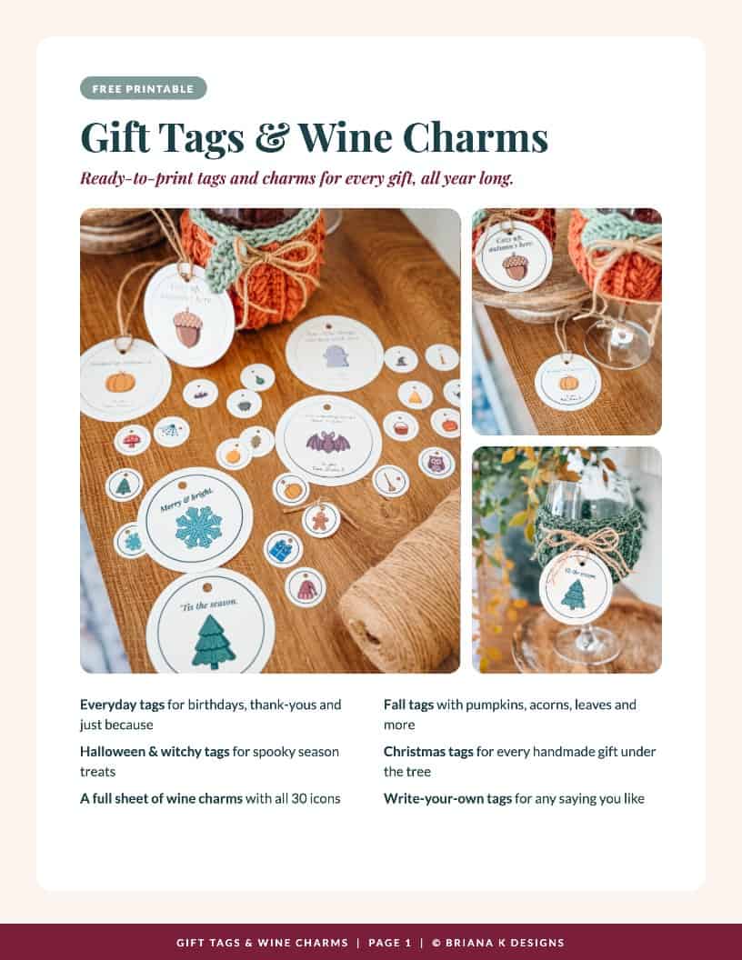 A display of printable gift tags and wine charms with various designs, including pumpkins, acorns, and trees, shown on a table and attached to glasses and gifts.