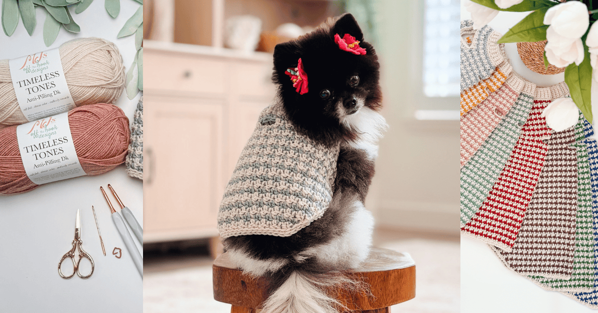 A collage featuring two skeins of yarn and crochet tools, a small dog wearing a handmade sweater, and four crocheted pieces in different colors.