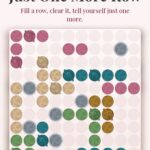 A crochet puzzle game called Just One More Row featuring a grid of colorful yarn balls.