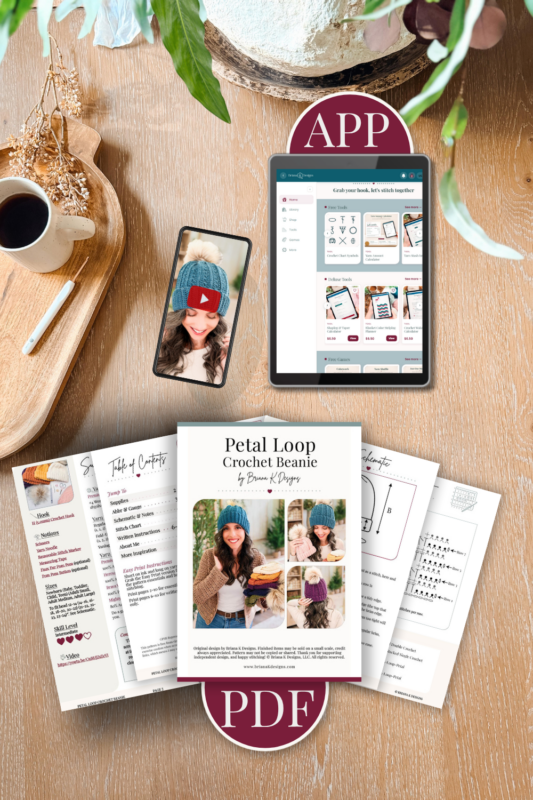 Petal Loop Crochet Beanie printable PDF pattern pages and the interactive app version shown on a phone and tablet