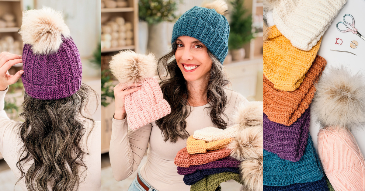 Petal Loop Crochet Beanie pattern by Briana K Designs, shown in purple and teal with faux fur pom poms, plus a stack of textured crochet beanies in pink, mustard, orange, purple and teal