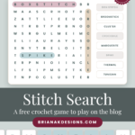 Stitch Search crochet word search game featuring terms with a “Free to Play” badge and a digital letter keyboard.