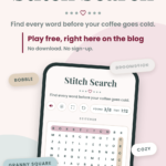A promotional graphic for the Stitch Search crochet word search game, showing a mobile interface with tags for terms like Bobble, Broomstick, Cozy, and Granny Square.