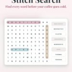A crochet word search puzzle featuring a grid of letters and a list of crafting terms to find, including a “Play Free” button and website link.