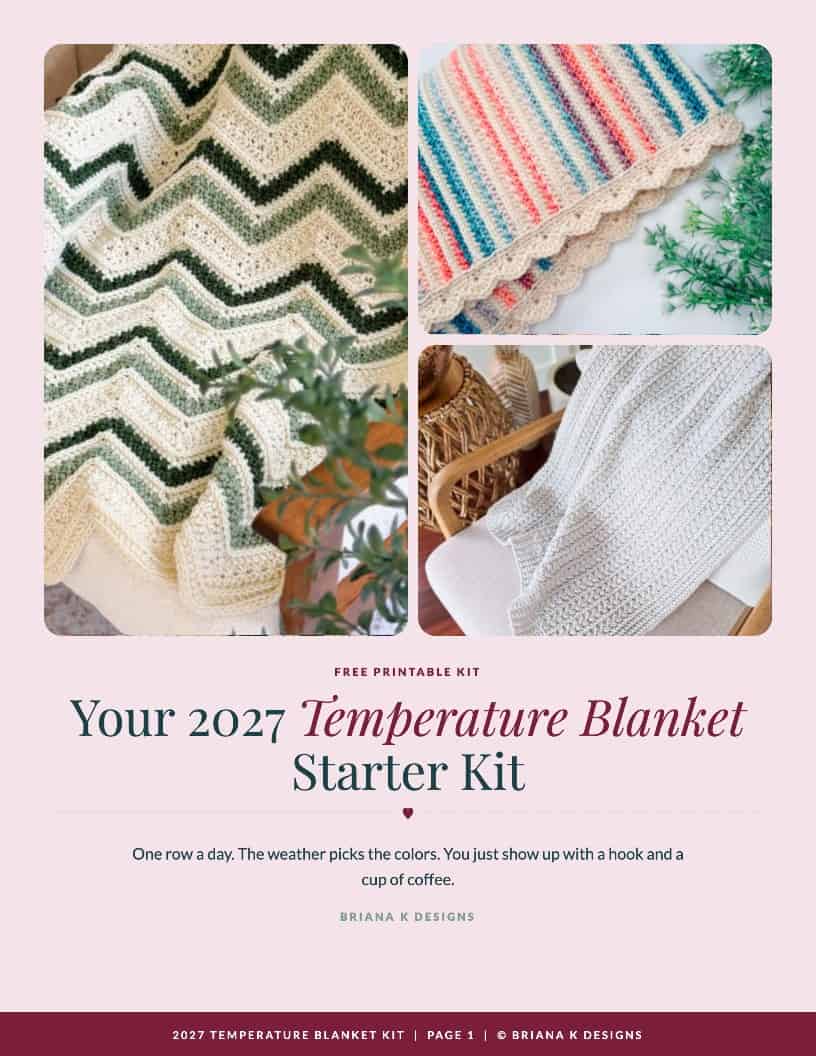 Collage of four crocheted blankets with various patterns and colors. Text reads: “Your 2027 Temperature Blanket Starter Kit” with additional details about the kit below.
