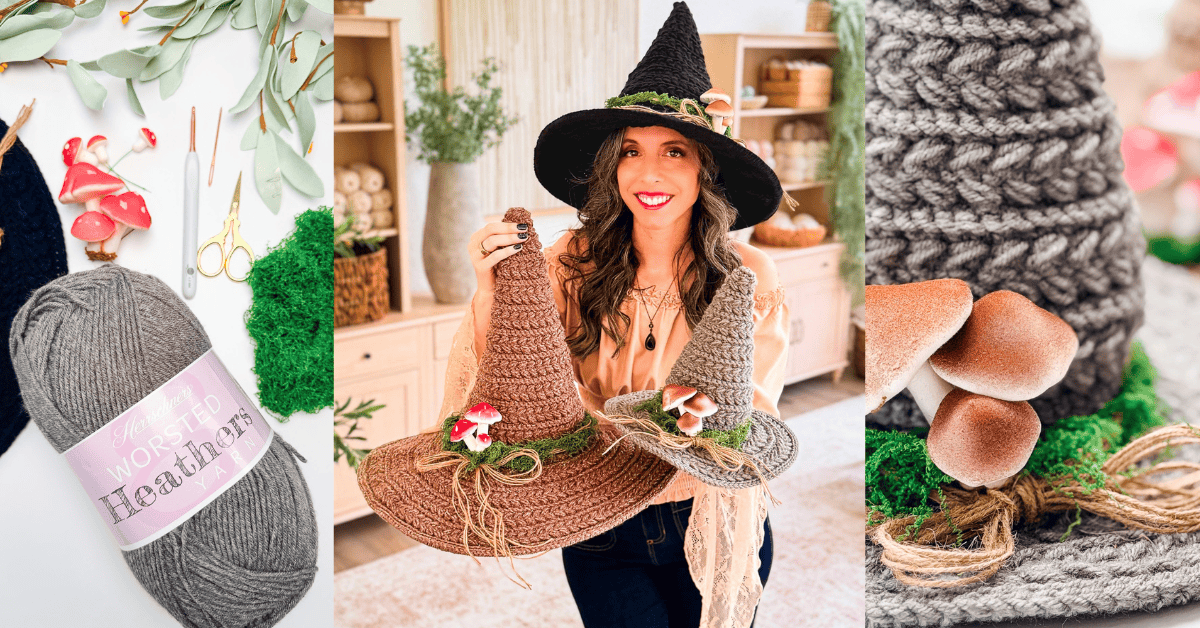 Briana K holding Wheat Stitch crochet witch hats in three sizes, decorated with moss and mushrooms