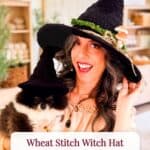 A woman and a small dog both wearing black crocheted witch hats, with text reading “Wheat Stitch Witch Hat: Free Crochet Pattern for Halloween.”