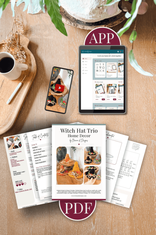 Mockup of a mobile app interface, a tablet screen showing crochet resources, and pages of a mini crochet witch hat pattern on a wooden surface with a cup of coffee.