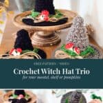 Three mini crochet witch hats in black and gray, decorated with moss and miniature red mushrooms, with text overlay reading “Crochet Witch Hat Trio.”