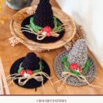 Three mini crochet witch hats in black and gray, decorated with moss, twine bows, and miniature mushrooms, with text below reading “Wheat Stitch Witch Hat Trio” and “crochet pattern.”