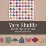 Yarn Shuffle game board featuring a grid of colorful yarn balls, surrounded by knit and crochet icons, with the website brianakdesigns.com at the bottom.