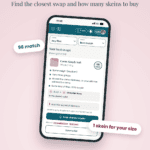 A smartphone displaying a yarn substitute tool with a 98% match for Caron Simply Soft, including color recommendations and the number of skeins needed for an adult-sized project.