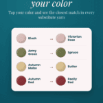 Infographic for a free yarn swap tool, showing a list of yarn colors matched to their closest yarn substitute.