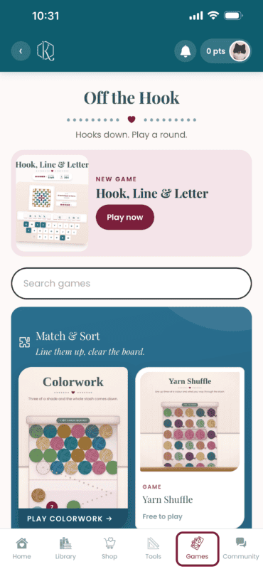 Games button in the bottom menu of the Briana K Stitch app on a phone