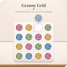 Granny Grid crochet game tile with yarn balls in a puzzle grid