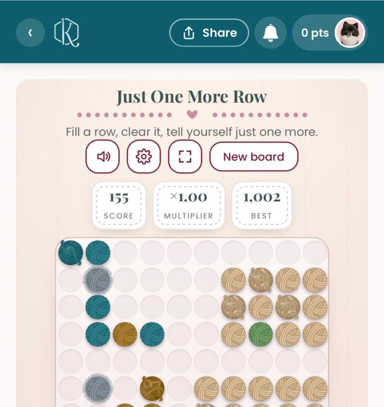 Just One More Row crochet puzzle game playing on a phone in the Briana K Stitch app