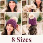 Collage of the Petal Loop Crochet Beanie in teal and purple with faux fur pom-poms, with the text 8 Sizes, Newborn to Adult, Petal Loop Crochet Beanie free pattern
