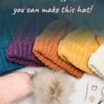 Petal Loop Crochet Beanies in teal, purple, orange, mustard and cream with faux fur pom-poms and crochet supplies, with the text If you can crochet a rectangle, you can make this hat. Free Petal Loop Beanie Pattern, 8 sizes