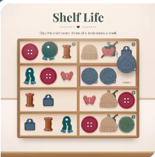 Shelf Life crochet game tile with craft room shelves of buttons, spools and hats