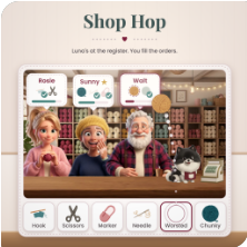 Shop Hop crochet game tile with yarn shop customers at the register