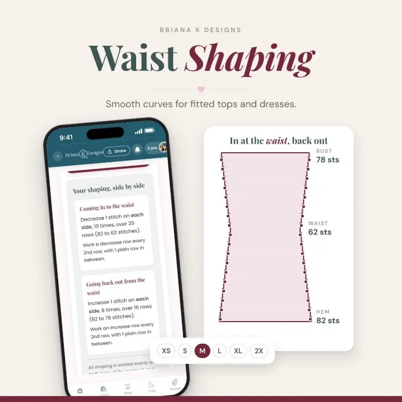 Waist Shaping crochet tool from the Briana K Stitch app
