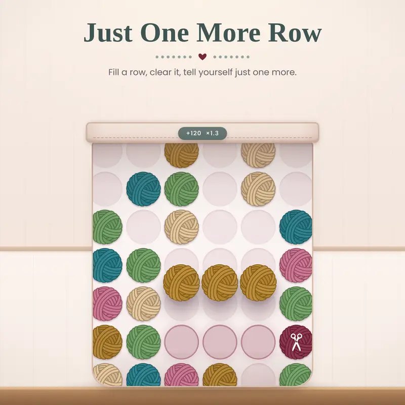 Just One More Row“ puzzle game screen showing a grid of colorful yarn balls with a score multiplier and a scissors icon.
